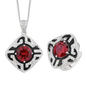 Wholesale Eco-friendly Copper Round Cut 10mm Red Zircon Vintage Fashion Necklace and Earrings <b>Set</b> Cubic Zirconia Jewelry <b>Set</b> - Product Image 1