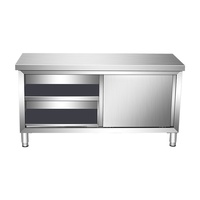 Plan de travail de cuisine commerciale en acier inoxydable double couche avec portes coulissantes, équipement de restauration rapide, table de découpe et de service