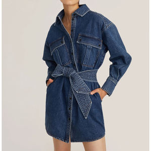 Vestido vaquero <span class=keywords><strong>a</strong></span> la moda para mujer, Túnica vaquera personalizada de manga larga con lavado de Indigo - Product Image 1