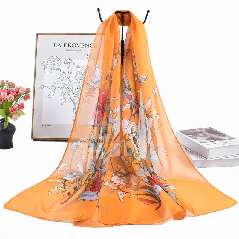 Neue Mode und elegante dünne natürliche Blumenmuster gedruckt Chiffon Frauen lange Schals Sonnenschutz Frauen Schals Großhandel