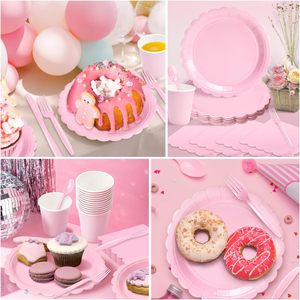 Nouvel ensemble de vaisselle jetable en papier rose en dentelle pour fête d'<span class=keywords><strong>anniversaire</strong></span> de fille, couleur unie, 175 pièces, assiettes en papier, gobelets en papier, serviettes en papier - Product Image 4