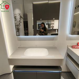 Meuble-lavabo de salle de bain en MDF laqué de style moderne avec miroir intelligent, armoire murale multi-rangement et plan de travail en roche, blanc - Product Image 5