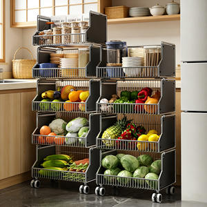 Chariot de rangement de cuisine style vintage, étagère mobile multi-niveaux pour fruits, légumes et collations, design à quatre roues - Product Image 4