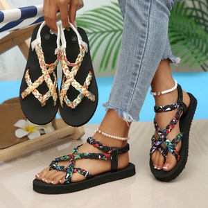 Fabric Braided Cross Strap Platform <b>Sandals</b> Women Clip Toe <b>Elastic</b> Ankle Strap Beach Walking Shoes - Product Image 1