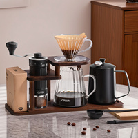Set Pembuat Kopi Pour Over, Penggiling Kopi Manual, Teko Gooseneck 600ml, Dripper, Server Kaca, Alas Kayu Akasia, Hadiah untuk Seduh Kopi di Rumah