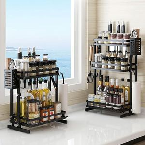 3 Tiers Foldable Stainless Steel <b>Collapsible</b> Organizers Spice Jar <b>Storage</b> Rack Seasoning Shelf Set With Knife Holder - Product Image 2