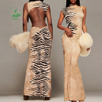 Robe longue imprimée zèbre 2026 pour femme, col rond, dos nu, moulante, sexy, pour club et soirée, coupe ajustée
