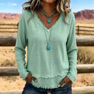 6462 Camicetta da Donna con Scollo a V e <span class=keywords><strong>Frange</strong></span>, Maniche Lunghe, Tinta Unita, Vestibilità Ampia, Pullover Casual per l'Estate e l'Uso Quotidiano - Product Image 2