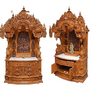 Traditional Teak Wood <b>Mandir</b> for Krishna Devotees Indian Handcrafted Pooja Temple Antique Finish Peacock Design Puja <b>Mandir</b> - Product Image 1