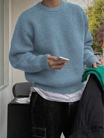 Pull en maille à col rond uni pour homme, style décontracté, idéal pour l'automne et l'hiver, coupe ample.
