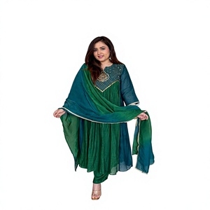 Traje Anarkali Tradicional Indio-Pakistaní Verde con Dupatta Bordada, Vestido Étnico para Mujer, Largo hasta el Tobillo, Corte Holgado - Product Image 1