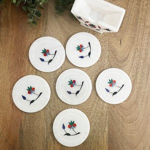 Ensemble de sous-verre en marbre blanc naturel fait à la main, incrustation carrée en métal, 4x4 pouces, lot de 6 avec support - Product Image 3