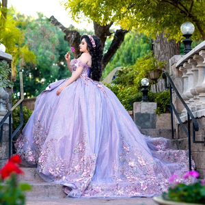 Robe de bal violette pour Quinceañera et <span class=keywords><strong>Sweet</strong></span> 16, épaules dénudées, longueur ras du sol, traîne chapelle, motif floral, pour filles de <span class=keywords><strong>15</strong></span> ans - Product Image 6
