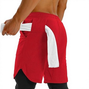 Custom Logo Men's Double <b>Layer</b> <b>Mid</b> Waist Drawstring Closure Pockets Breathable Spandex/Cotton Sports Athletic Workout Shorts - Product Image 1
