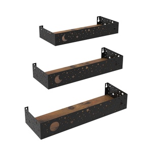 Moon and Stars <strong>Wall</strong> Shelves Black, Set of 3 Small Floating Shelves for <strong>Bedroom</strong> Living Room <strong>Wall</strong> <strong>Storage</strong> or Decor, Brown Board - Product Image 1