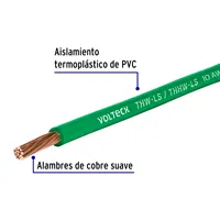 Câble vert industriel et de construction VOLTECK, BOÎTE DE 6 bobines de 20 m, THHW-LS 12 AWG, multibrin, LSZH, cuivre, 300 V, IP20