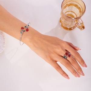 Vintage 3D Red Rose <b>Bracelet</b> and Ring <b>Set</b> Women's Enamel Drip Oil Open Bangle Elegant Valentine's Day Gift - Product Image 3
