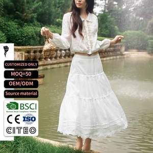 Ensemble assorti 2 pièces pour femme : Blouse à manches longues à col revers et patchwork de dentelle, jupe midi à volants en dentelle taille haute, tenue vintage style Cottagecore - Product Image 1