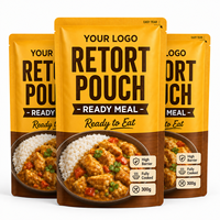 Sachet rétractable imprimé sur mesure à trois soudures, haute barrière, en feuille d'aluminium, résistant à la chaleur, pour plats préparés au curry de poulet