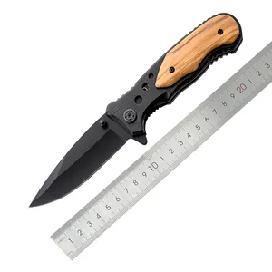 سكين جيب تكتيكي للنجاة والتخييم قابلة للطي بمقبض خشبي محفور مخصص للخارج