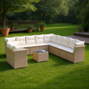 Ensemble de canapés de jardin en rotin beige, 10+ places, mobilier d'extérieur résistant aux intempéries, design contemporain - Product Image 3