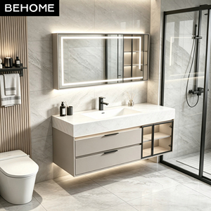 Meuble-lavabo flottant avec miroir LED intelligent, grand espace de rangement et plateau en pierre pour la maison, l'appartement et la salle de bain d'hôtel - Product Image 2