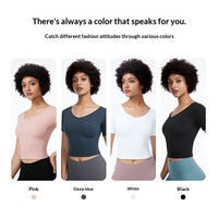 Nouvelle collection été : Haut de sport haut de gamme pour femme en Spandex/Nylon, col en V, manches courtes, anti-humidité, ajusté et flatteur pour la silhouette