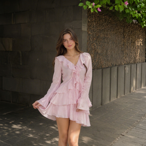 Pink <b>Ruffle</b> Tiered Mini <b>Dress</b> Women Long Sleeve V Neck Casual Party Summer Beach Vacation <b>Dresses</b> - Product Image 1