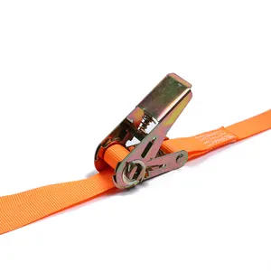 Tali ikat leher poliester 1 inci tali pengikat roda bergigi oranye 800kg dengan pegangan logam kait J ganda untuk kontrol kargo ukuran 25mm