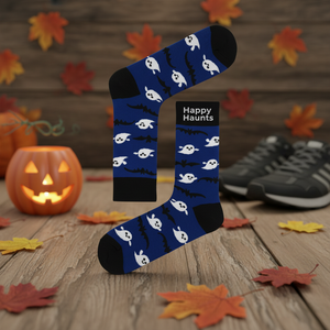 Chaussette Cadeau d'Halloween Bleue à Motif Multi-Fantômes, Logo Personnalisable Brodé, Tricotée, Haute Tige, Impression Numérique, pour l'Automne - Product Image 3