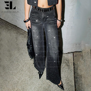 بنطلون جينز فضفاض بخصر عالٍ مزين بالأحجار الكريمة اللامعة من مصنع LARSUR، بنطلون دينيم ممزق للنساء - Product Image 6