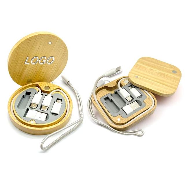 Custom Bamboo Charging Cable Data Cable Storage Box 60W Fast Charging 6 in 1Universal Mobile Phone Holder Multi-Head Conversion