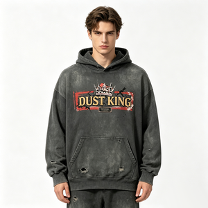 Felpa Oversize con Cappuccio e Coulisse, Stampa Kornit DTG Retro Crown Leopard Red Frame Splatter All-Over, Top Streetwear Multi Strappato - Product Image 2