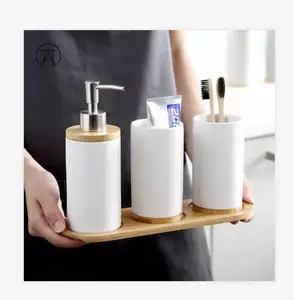 Europe style round ceramic bathroom soap dispenser, brush holder set with bamboo tray