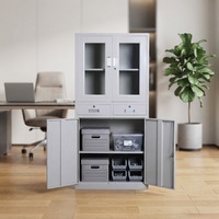 Armoire de rangement de bureau moderne en métal STORION Cabinet033 avec portes vitrées, verrouillable par clé, 2 tiroirs pour classement commercial
