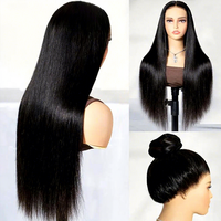 Perruque 360 en cheveux naturels, longue et droite, noire, avec cordon de serrage invisible, prête à l'emploi, en dentelle complète, pour femmes, vente en gros