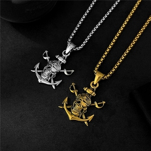Collier Pendentif Punk Gothique Vintage en Acier Inoxydable avec Double Épée, Crâne, Squelette et <span class=keywords><strong>Ancre</strong></span> Nautique Entrecroisée pour Hommes - Product Image 5
