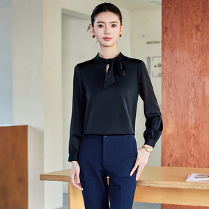 White Long Sleeve Chiffon Shirt For Women With Bow Tie Workwear Professional Blouse Solid Color Polyester Fabric - Product Image 2