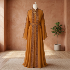 Abaya Negra Bordada de Poliéster Transpirable, Corte Regular, Manga Larga, Largo hasta el Suelo, Cuello en V, Elegante, Estilo Indio/Pakistaní, para Uso Diario - Product Image 2