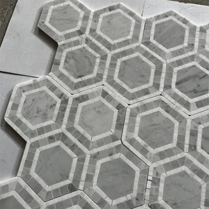Mosaïque murale en marbre naturel, carrelage de sol de salle de bain, marbre naturel beige, mosaïque hexagonale en pierre pour crédence de cuisine - Product Image 1