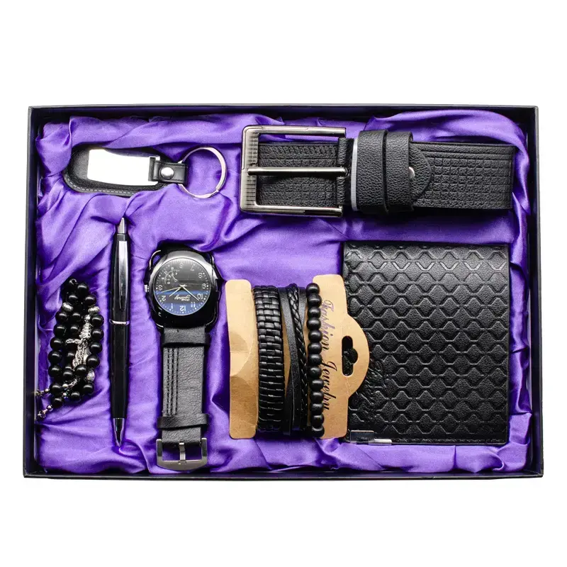 Corporate Luxury 7 Leders ets Uhr Brieftasche Gürtel Armband Schlüssel anhänger Kugelschreiber Rosenkranz Box für Geschenk Business Men Geschenkset