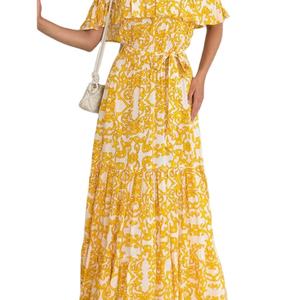 Vestido Casual Personalizable con Estampado, Hombro Descubierto, Manga Corta y Volantes para Verano y Otoño - Product Image 2