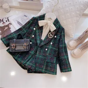 autumn spring infant baby girls green plaid blazer with shorts toddler child kid 2 pcs suit clothing sets RT2298063