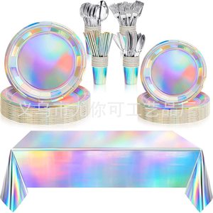 Rainbow Laser Party Tableware Set 60-80 Pcs Disposable Plates Cups Cutlery <b>Tablecloth</b> Birthday Decoration - Product Image 1