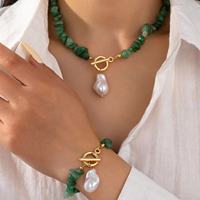 Collier en pierres naturelles concassées et perles de verre, pendentif perle baroque, chaîne de clavicule, bracelet, ensemble de bijoux de mode pour femmes