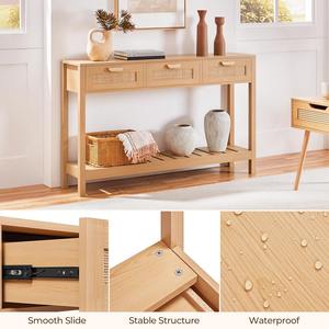 <span class=keywords><strong>Table</strong></span> <span class=keywords><strong>console</strong></span> en bois naturel personnalisée de style Boho moderne avec 3 tiroirs en rotin et étagère à 2 niveaux pour villa, salon et hôtel - Product Image 3