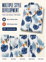 Chemise boutonnée à manches courtes d'été à imprimé feuilles tropicales et fruits, blanche, avec poche poitrine, 100 % polyester, personnalisable