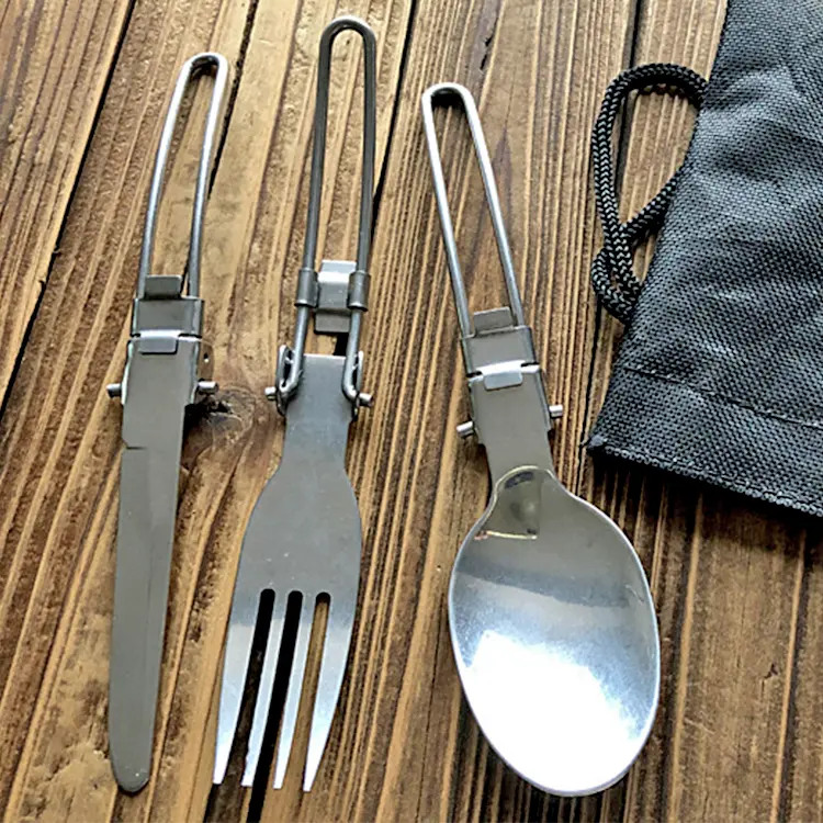 Outdoor travel stainless steel folding tableware 3 pcs portable foldable cutlery set with cloth bag