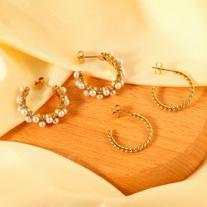 Nouvelles Boucles d'Oreilles Tendance en Acier Inoxydable Plaqué Or PVD 18K, Forme C, Torsadées en Corde, avec Perles, Bijoux Géométriques pour Femme - Product Image 2