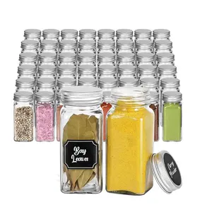 Agitador de especias cuadrado de vidrio, soporte de almacenamiento de condimentos, sal y pimienta, juego con tapas plateadas, 4oz, venta al por mayor
